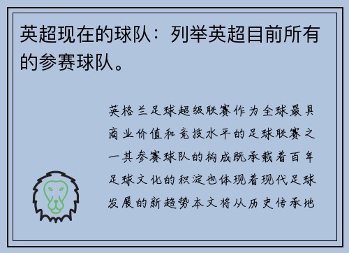 英超现在的球队：列举英超目前所有的参赛球队。
